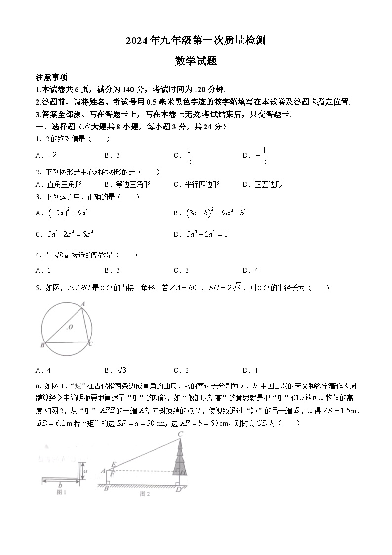 江苏省徐州市丰县2024届九年级下学期中考一模数学试卷(含答案)