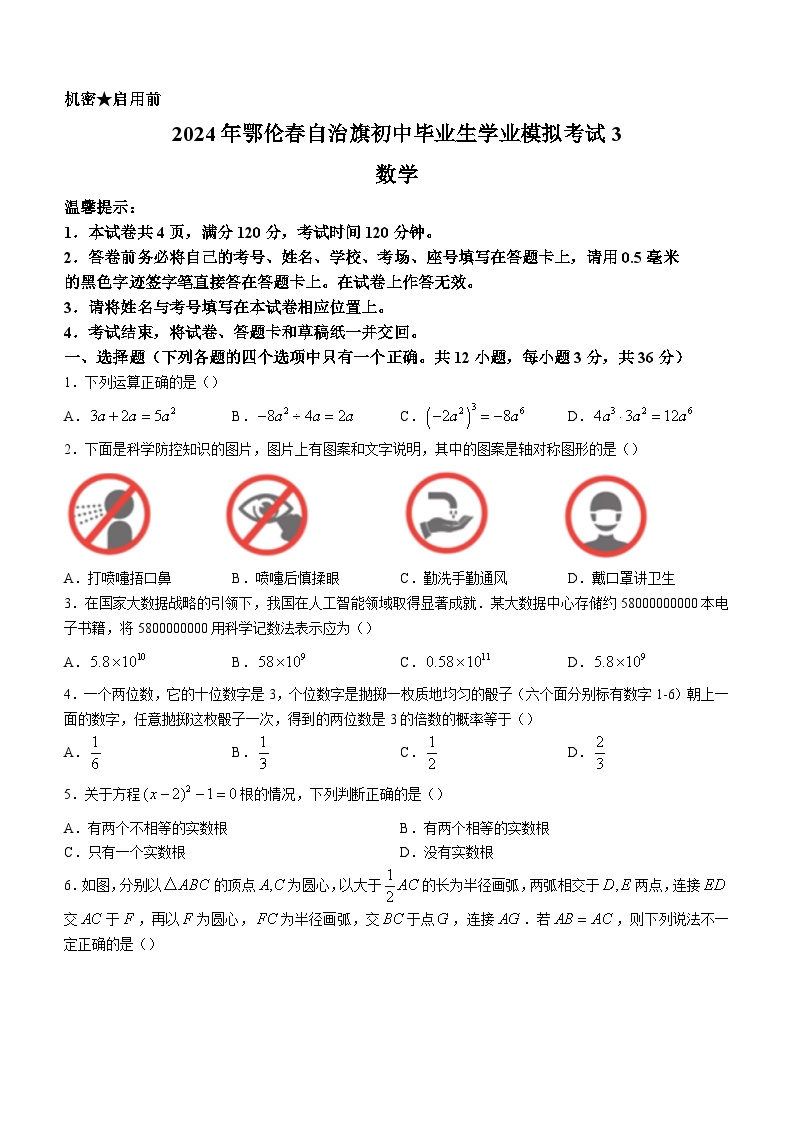 内蒙古呼伦贝尔市鄂伦春自治旗2024届九年级下学期中考第三次模拟考试数学试卷(含答案)