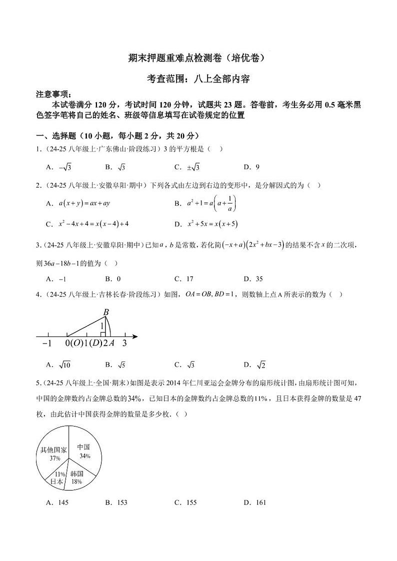 2024-2025学年八年级数学上册重难点检测卷(提高卷)(华东师大版)(原卷版)第1页