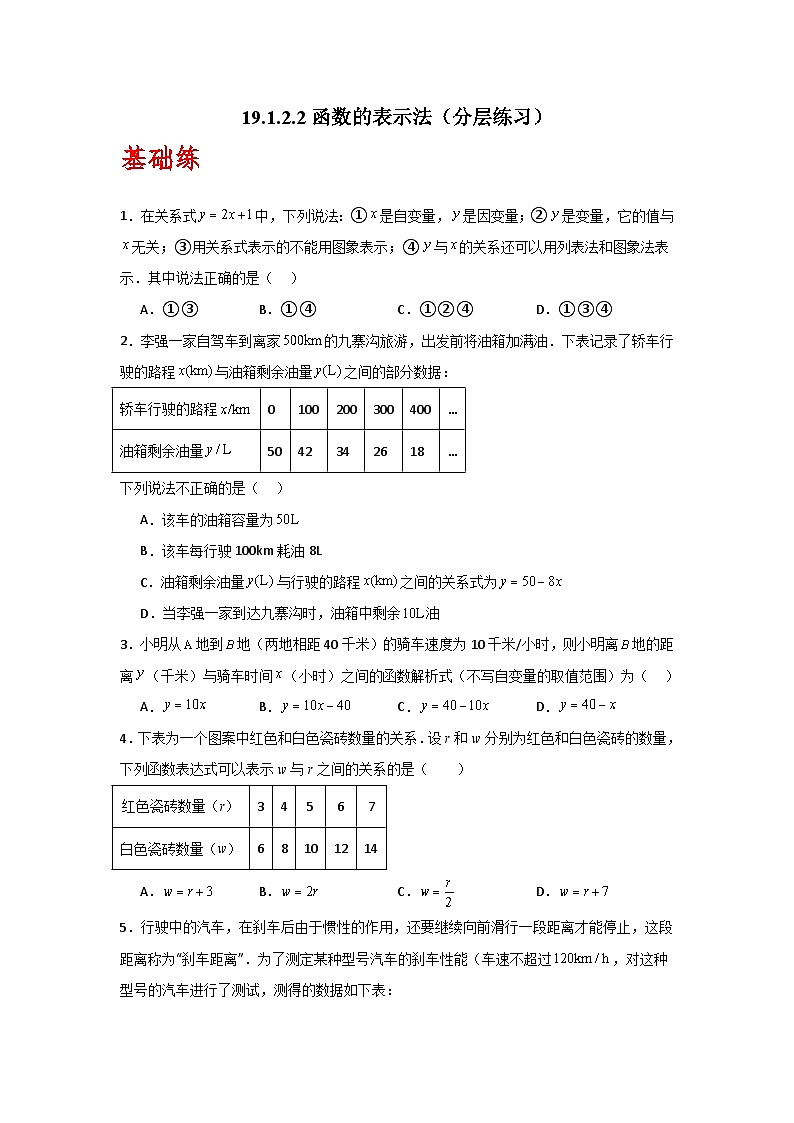 人教版数学八年级下册19.1.2.2《函数的表示法》(分层练习)原卷版第1页
