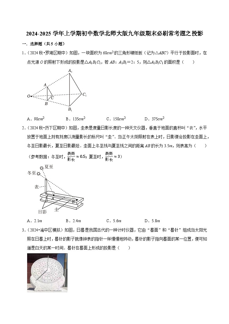 2024-2025学年上学期初中数学北师大版九年级期末必刷常考题之投影练习第1页