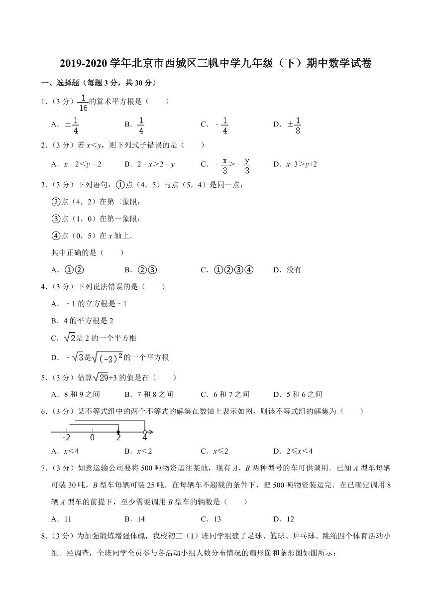 2020北京三帆中学初三（下）期中数学试卷