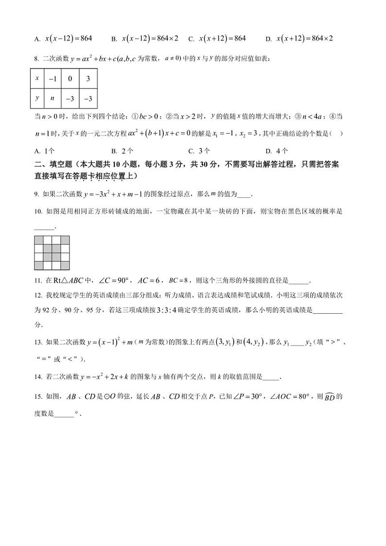 2024~2025学年江苏省连云港市灌南县教育联盟校九年级(上)12月月考数学试卷(含答案)第2页