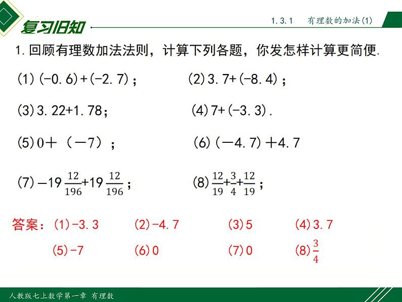 人教版数学七上同步教学课件1.3.1 第2课时 有理数加法的运算律及运用(含答案)第3页