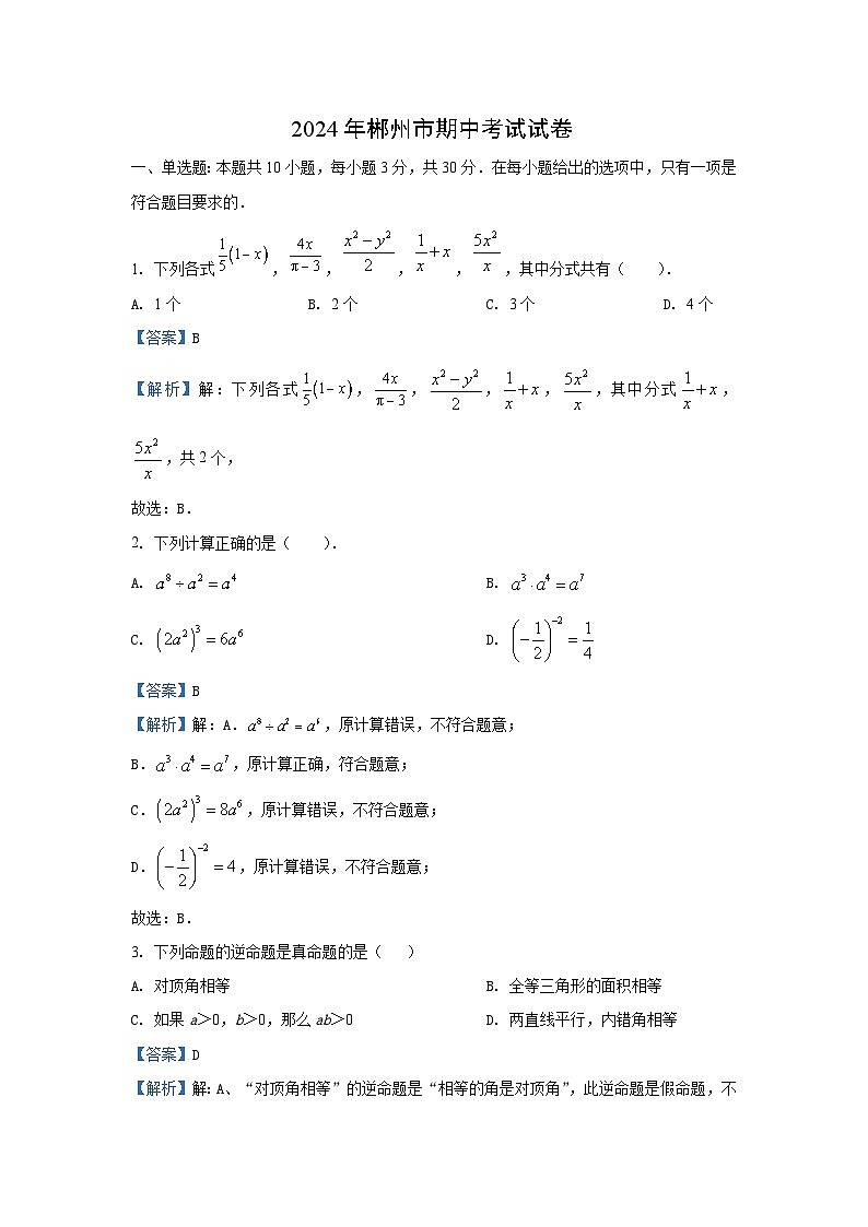 湖南省郴州市2024-2025学年八年级(上)期中数学试卷(解析版)第1页