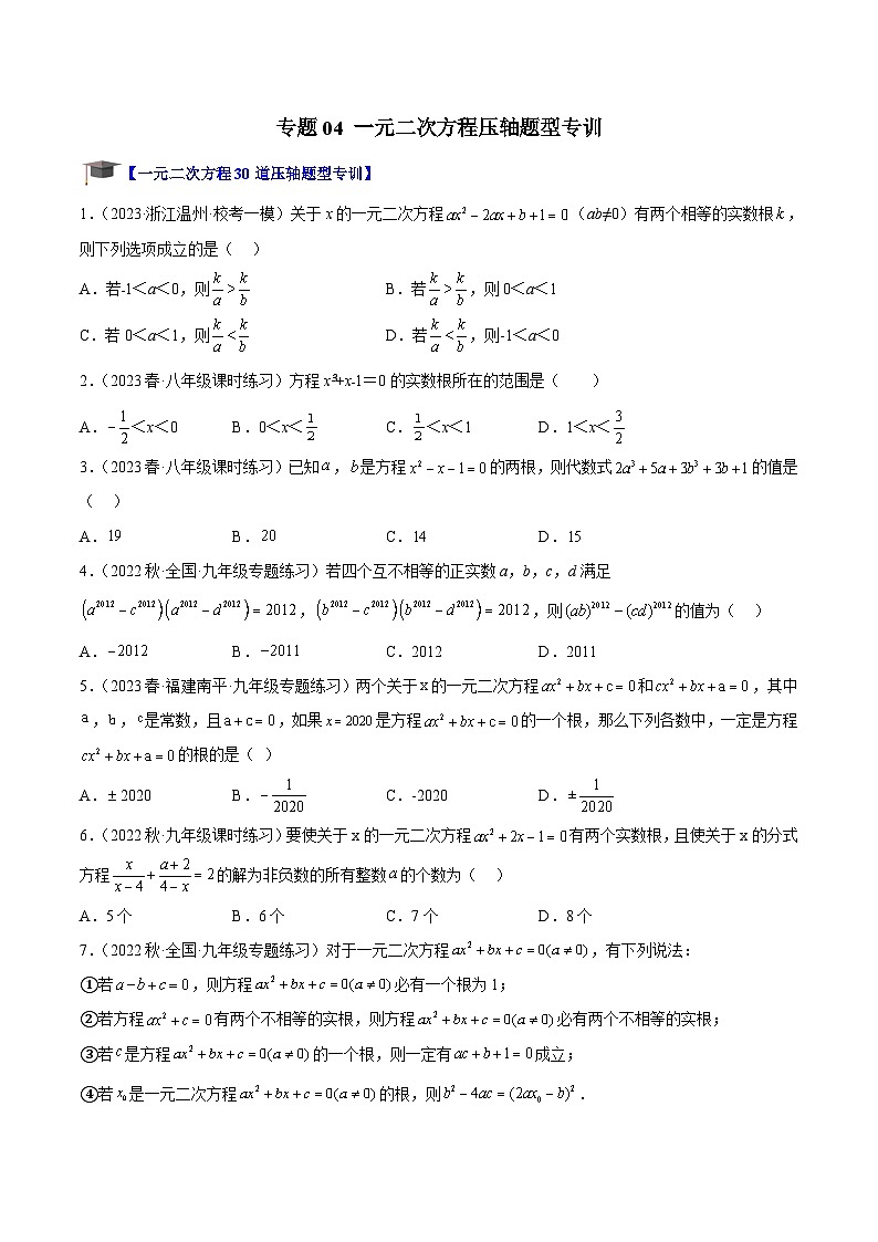 人教版数学九年级上册期中复习专题04 一元二次方程压轴题型专训(原卷版)第1页
