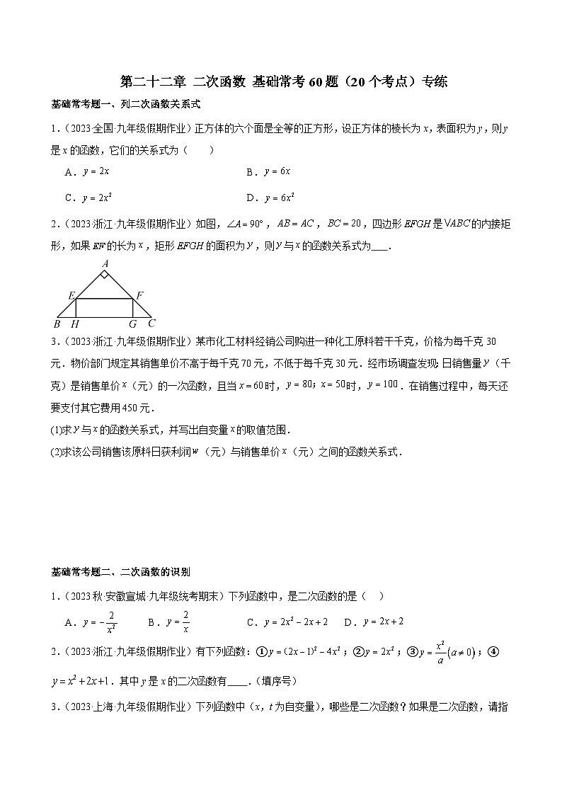 人教版数学九年级上册期中复习第二十二章 二次函数 基础常考60题(20个考点)专练(原卷版)第1页