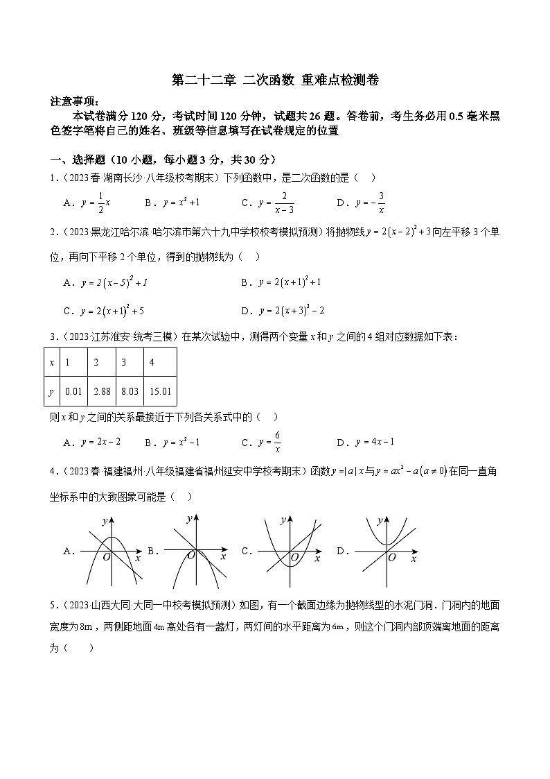 人教版数学九年级上册期中复习第二十二章 二次函数 重难点检测卷(原卷版)第1页