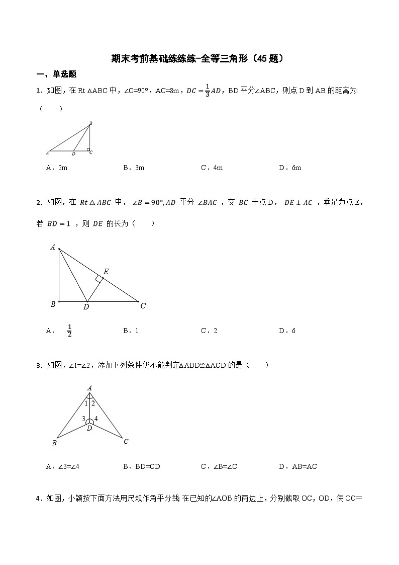 人教版数学八上期末考前基础练-全等三角形(45题)(原卷版)第1页