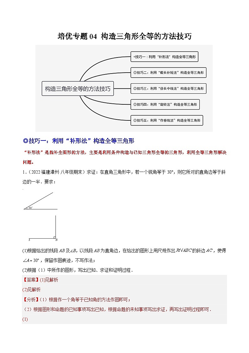 人教版数学八年级上册期末复习专题04 构造三角形全等的方法技巧(解析版)第1页