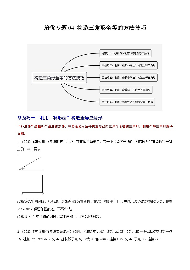 人教版数学八年级上册期末复习专题04 构造三角形全等的方法技巧(原卷版)第1页