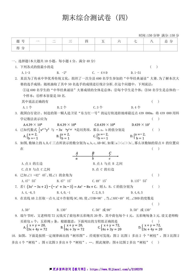 2024~2025学年数学沪科版七年级上册期末综合测试卷(四)(含答案)第1页