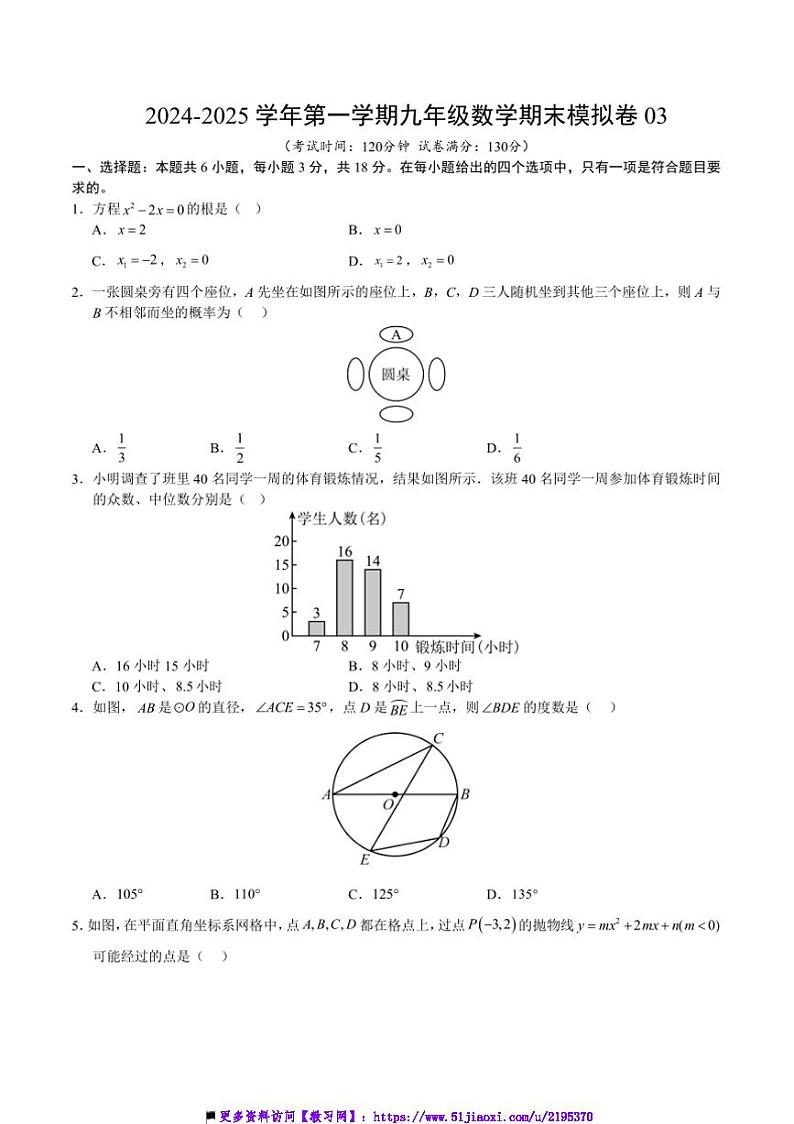 2024~2025学年苏州市九年级上数学期末模拟卷03试卷(含详细答案)第1页