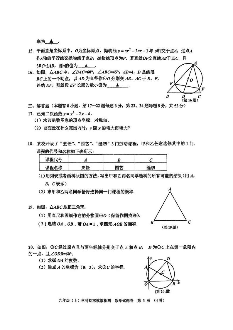 浙江省嘉兴市平湖市林埭中学2024-2025学年九年级上学期12月期末数学试题第3页