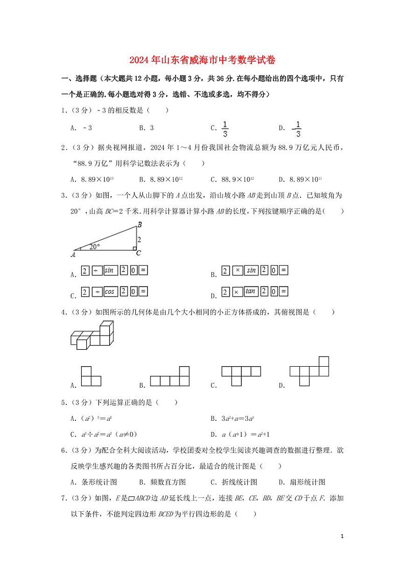山东省威海市2024年中考数学模拟试题(含解析)第1页