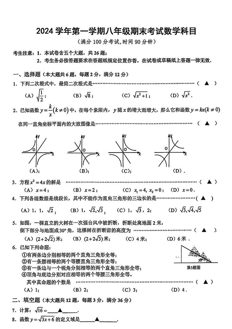 上海市闵行区2024—-2025学年八年级上学期期末数学试题第1页