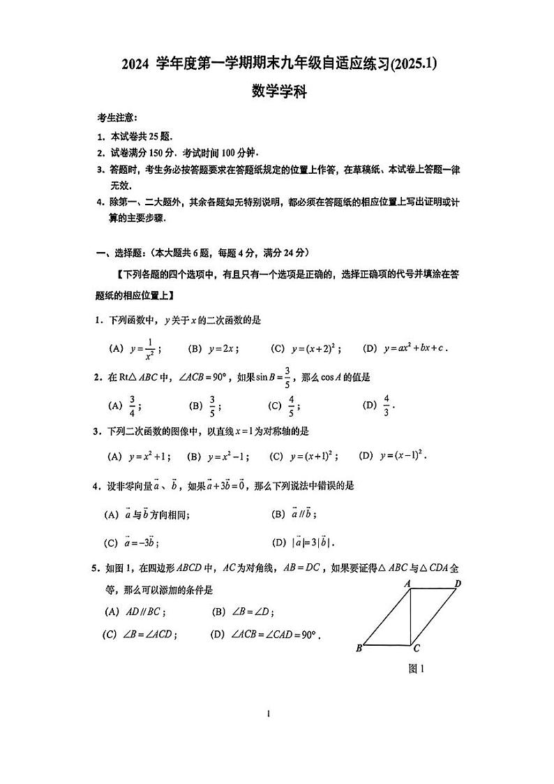上海市普陀区2025—2025学年上学期九年级中考一模考试数学试题第1页