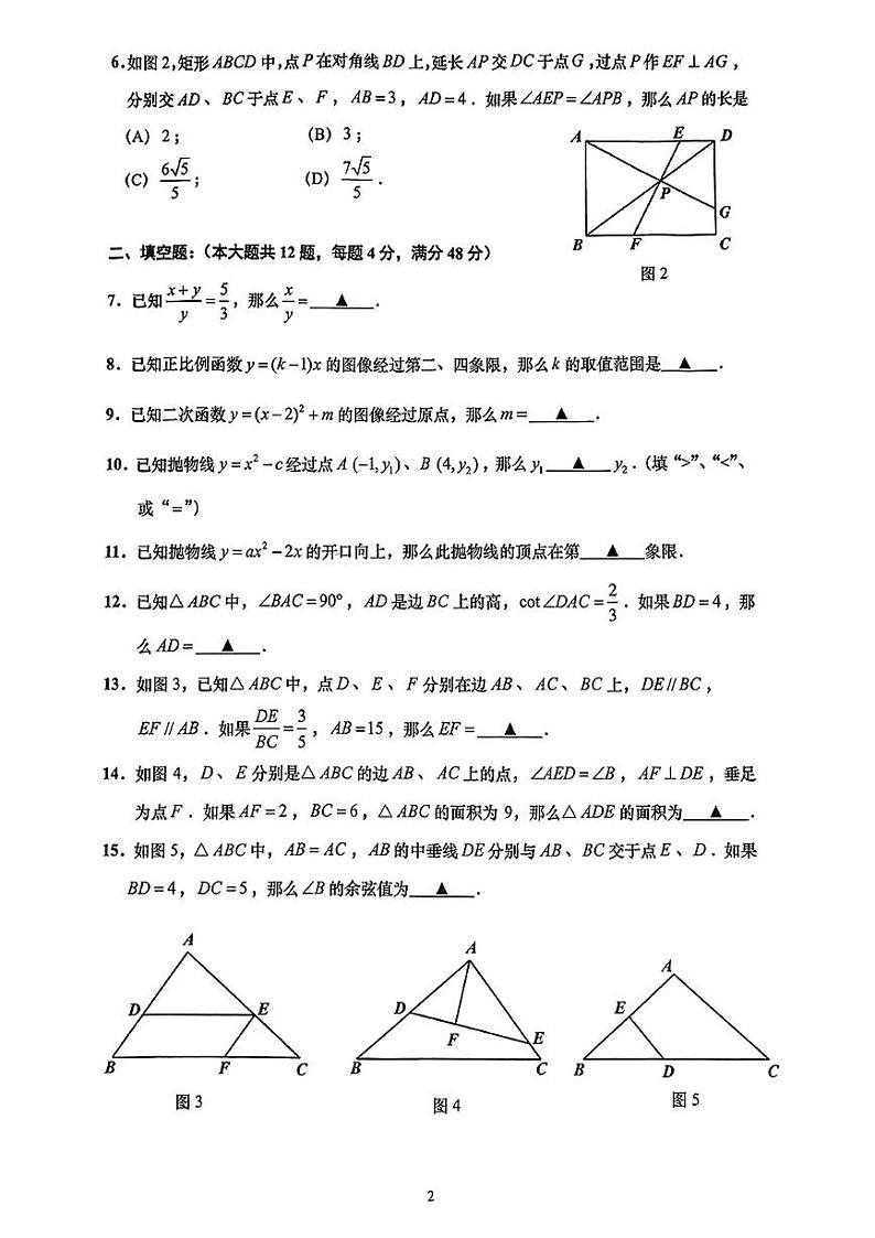 上海市普陀区2025—2025学年上学期九年级中考一模考试数学试题第2页