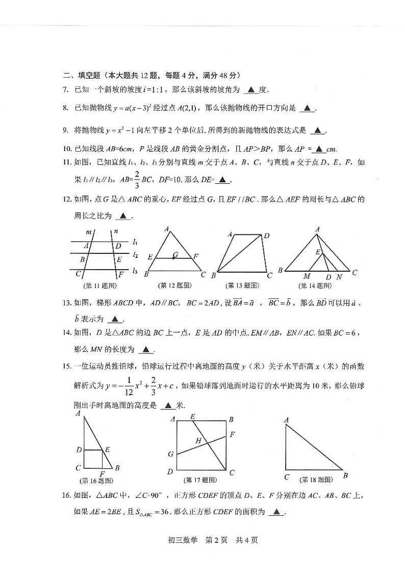上海市松江区2024—2025学年上学期期末质量监控九年级数学试卷第2页