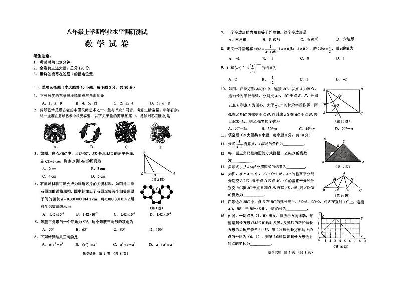 黑龙江省2024-2025学年八年级上学期学业水平调研测试数学试卷第1页