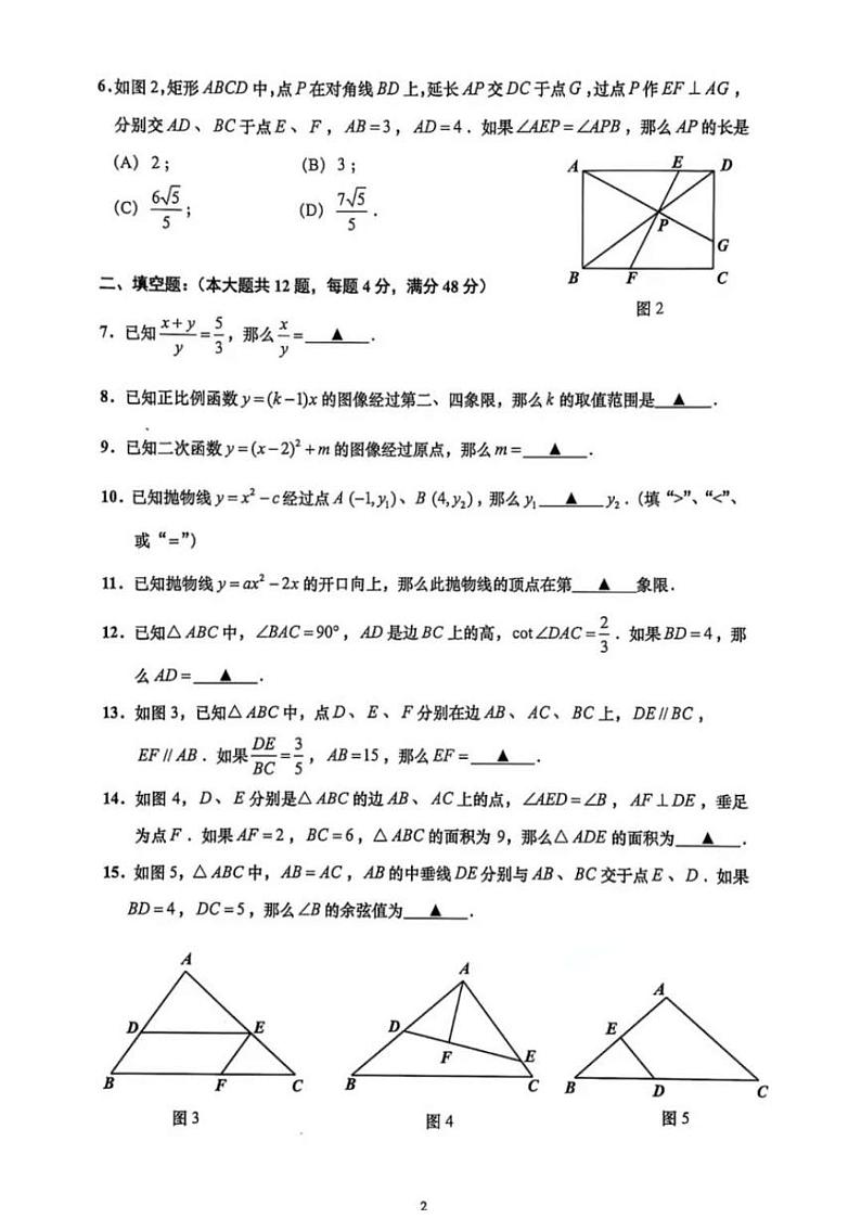 2025年上海市普陀区初三数学一模试卷附答案和评分标准第2页