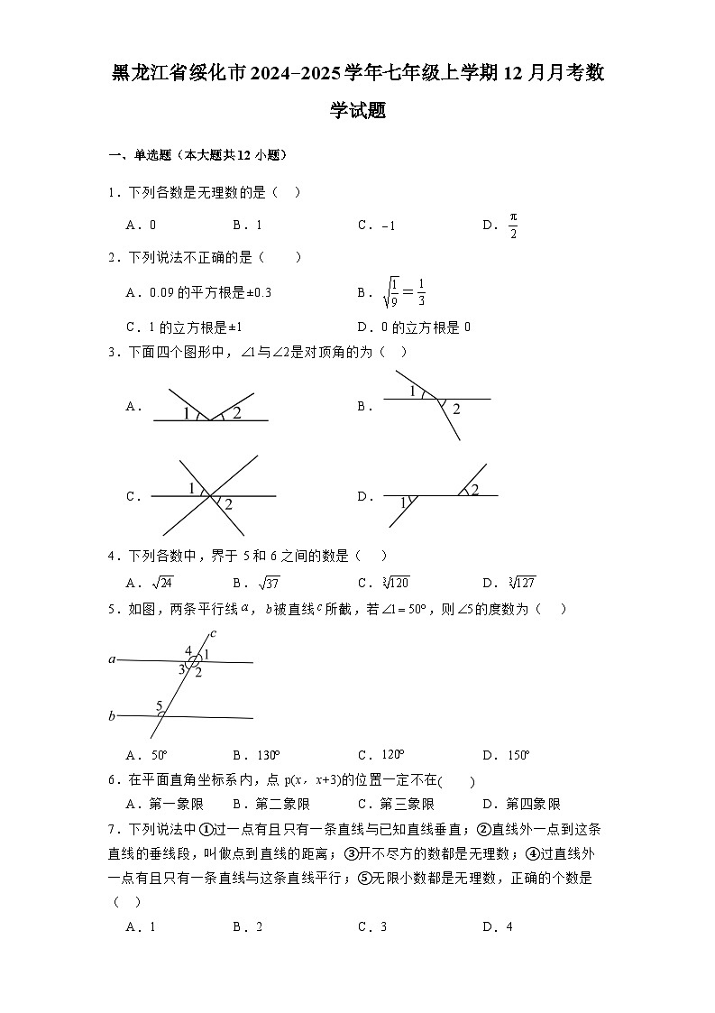 黑龙江省绥化市2024-2025学年七年级上学期12月月考 数学试题(含解析)第1页