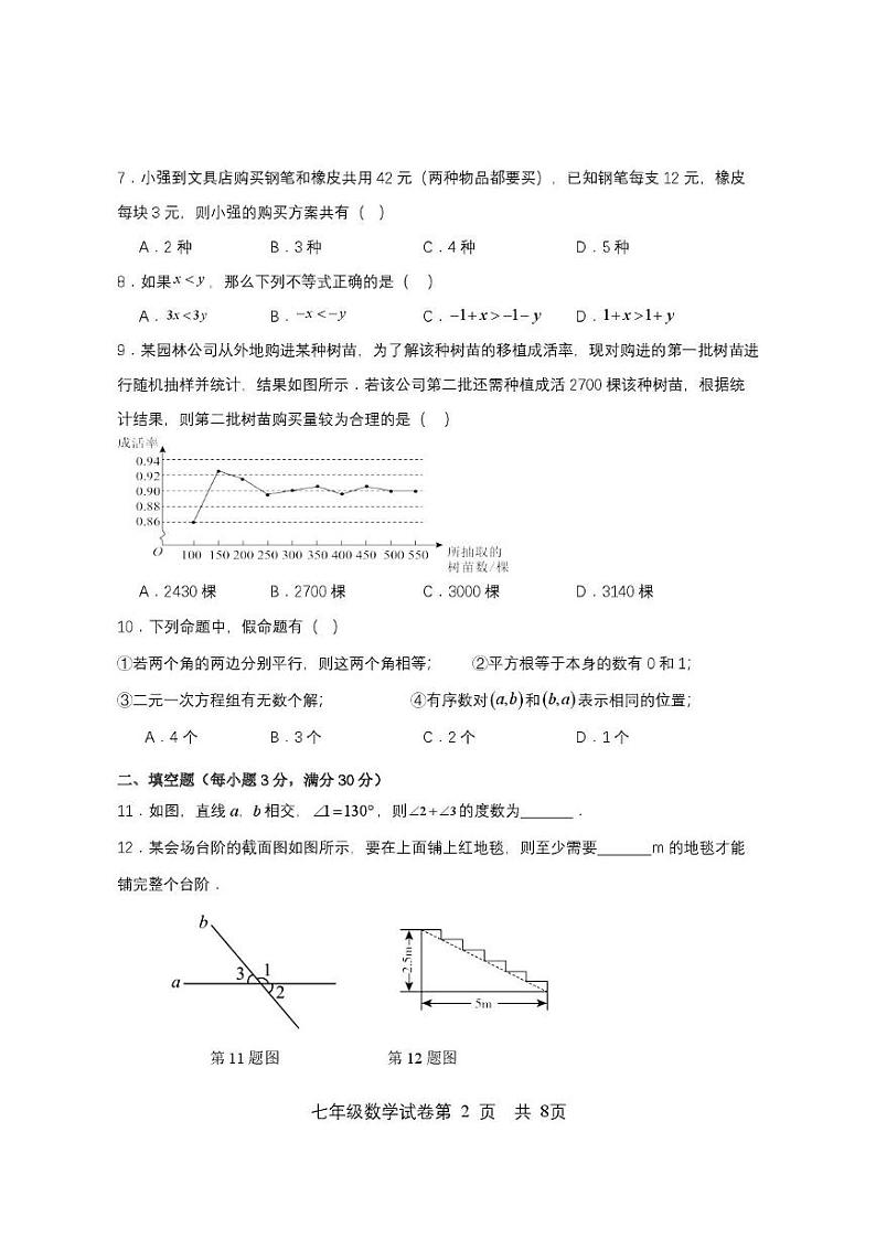 黑龙江省双鸭山市集贤县2023-2024学年七年级下学期期末质量监测数学试卷第2页