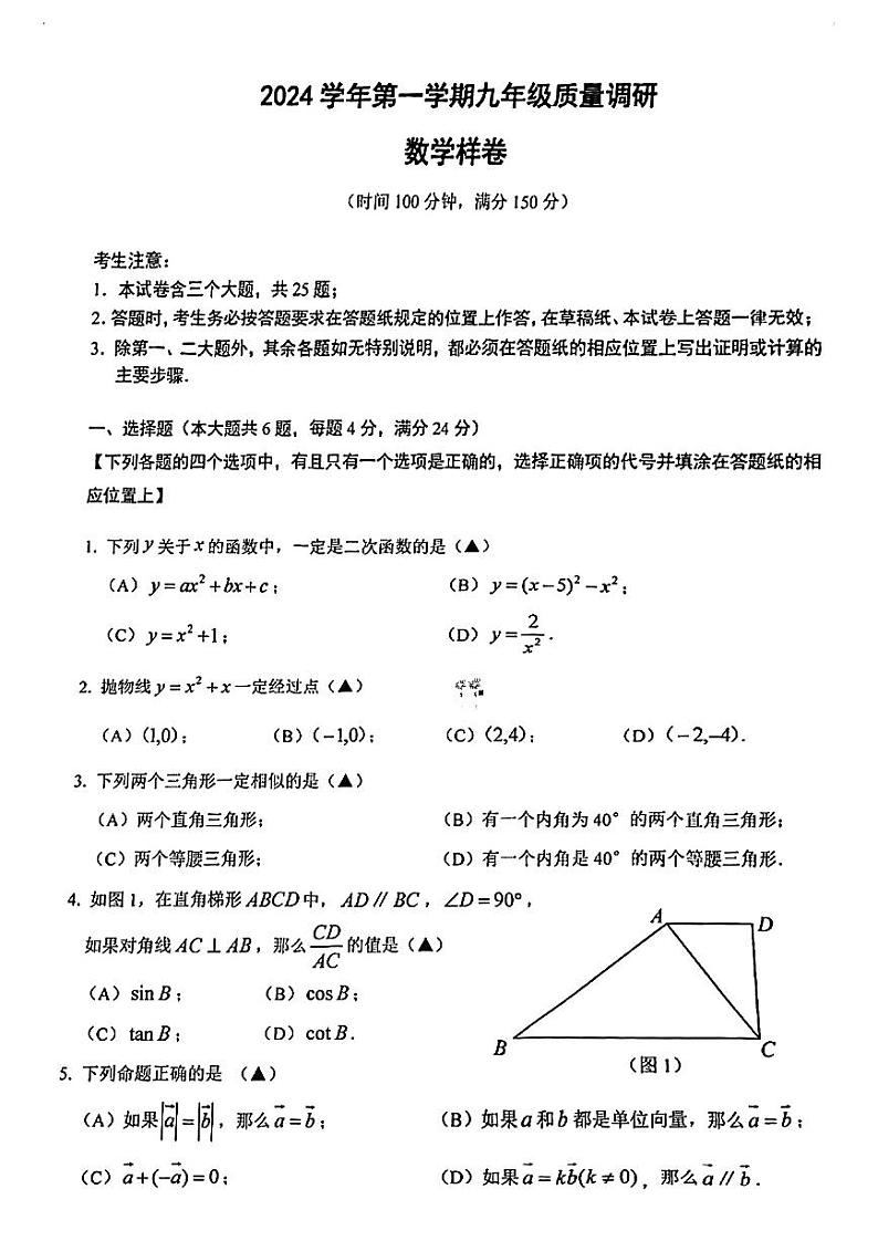 2025年上海市嘉定区初三一模 中考一模 数学试卷(原卷)第1页