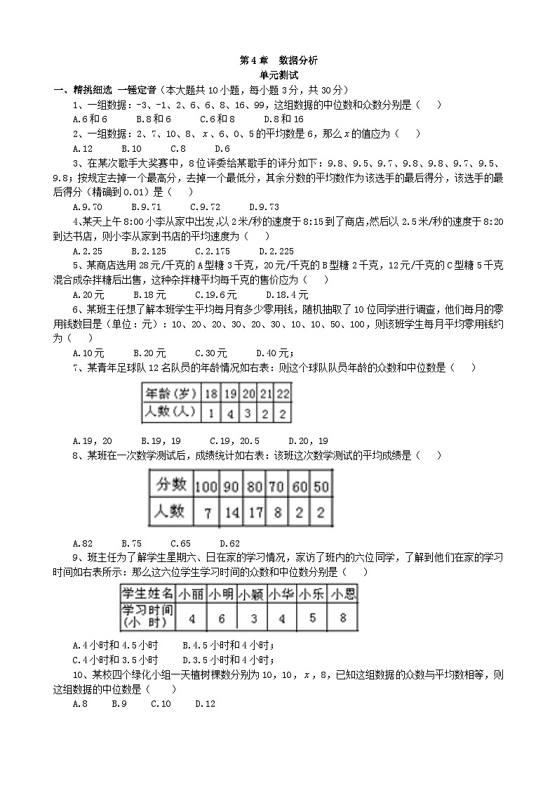 青岛版第4章《数据分析》单元测试3-2024-2025学年青岛版八年级上册数学试题第1页