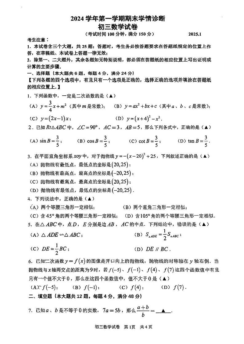 2025年上海市金山区初三一模 中考一模 数学(原卷)第1页