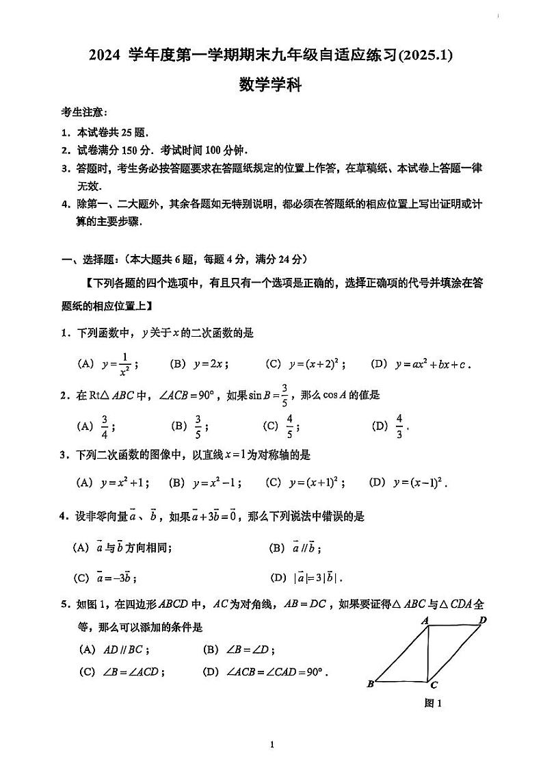 2025年上海市普陀区初三 中考一模 数学试卷(原卷版)第2页