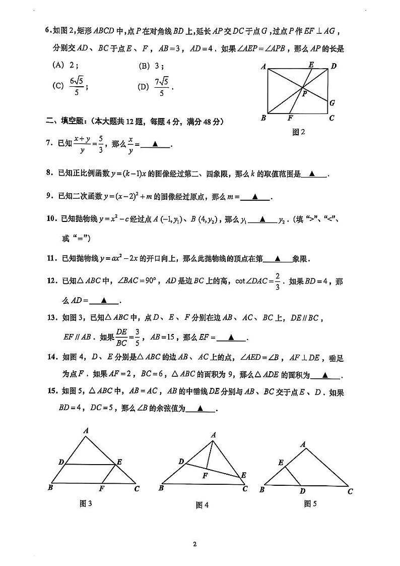2025年上海市普陀区初三 中考一模 数学试卷(原卷版)第3页