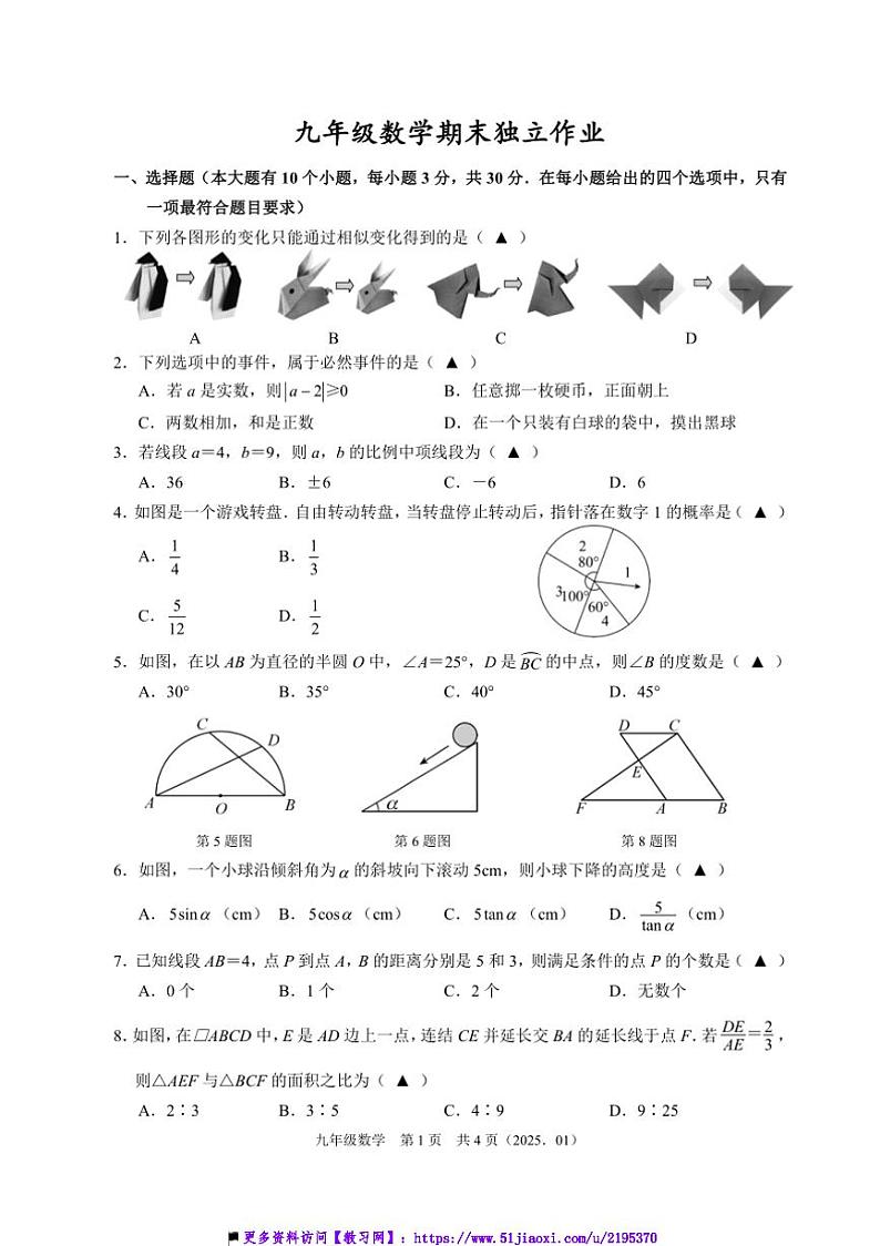 2025九年级上数学试卷卷(期末独立)(含答案)第1页