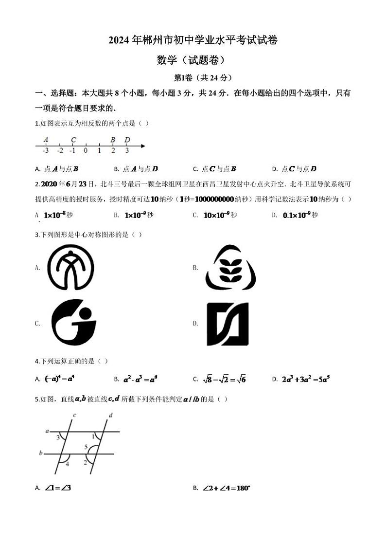 湖南省郴州市2024年中考模拟数学试题(原卷版)第1页