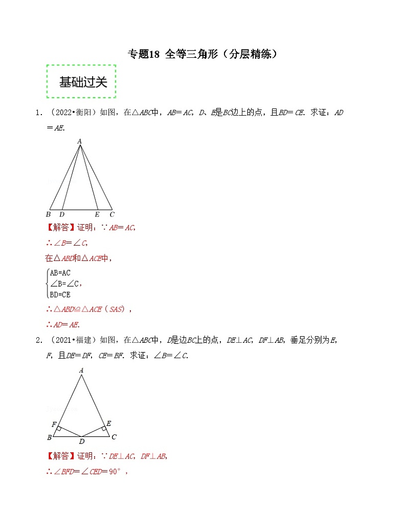 2025年中考数学一轮复习分层精练专题18 全等三角形(解析版)第1页
