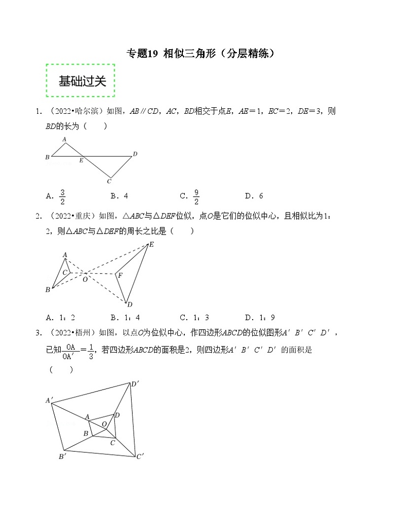 2025年中考数学一轮复习分层精练专题19 相似三角形(原卷版)第1页