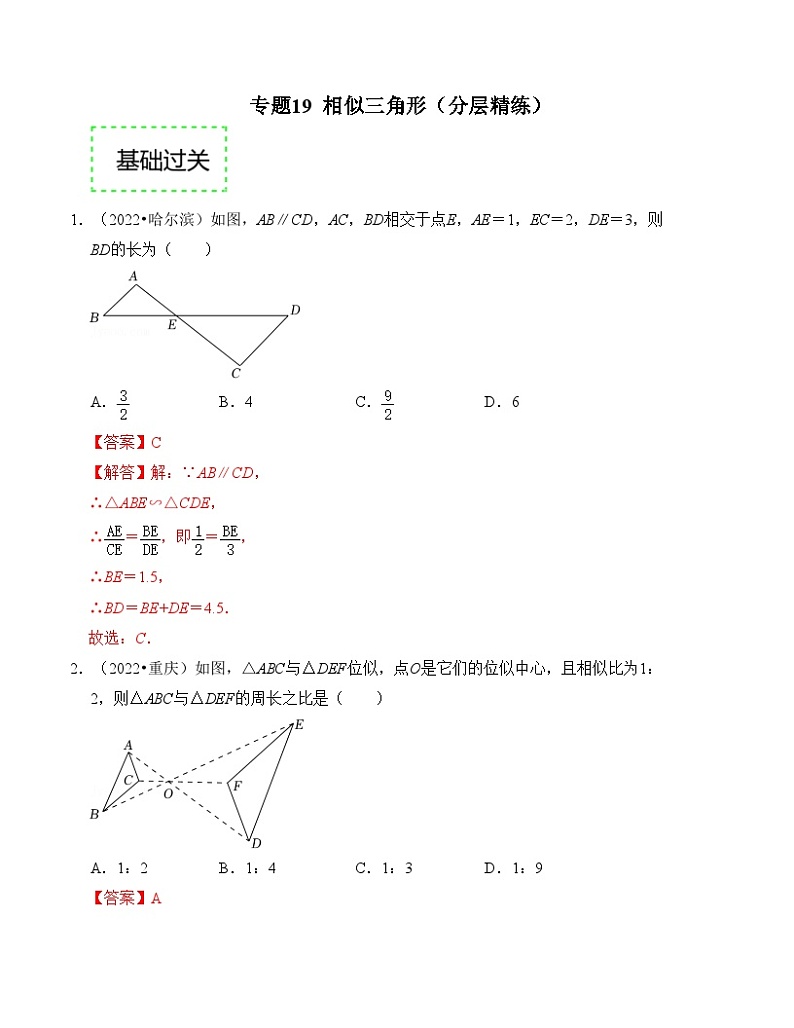 2025年中考数学一轮复习分层精练专题19 相似三角形(解析版)第1页