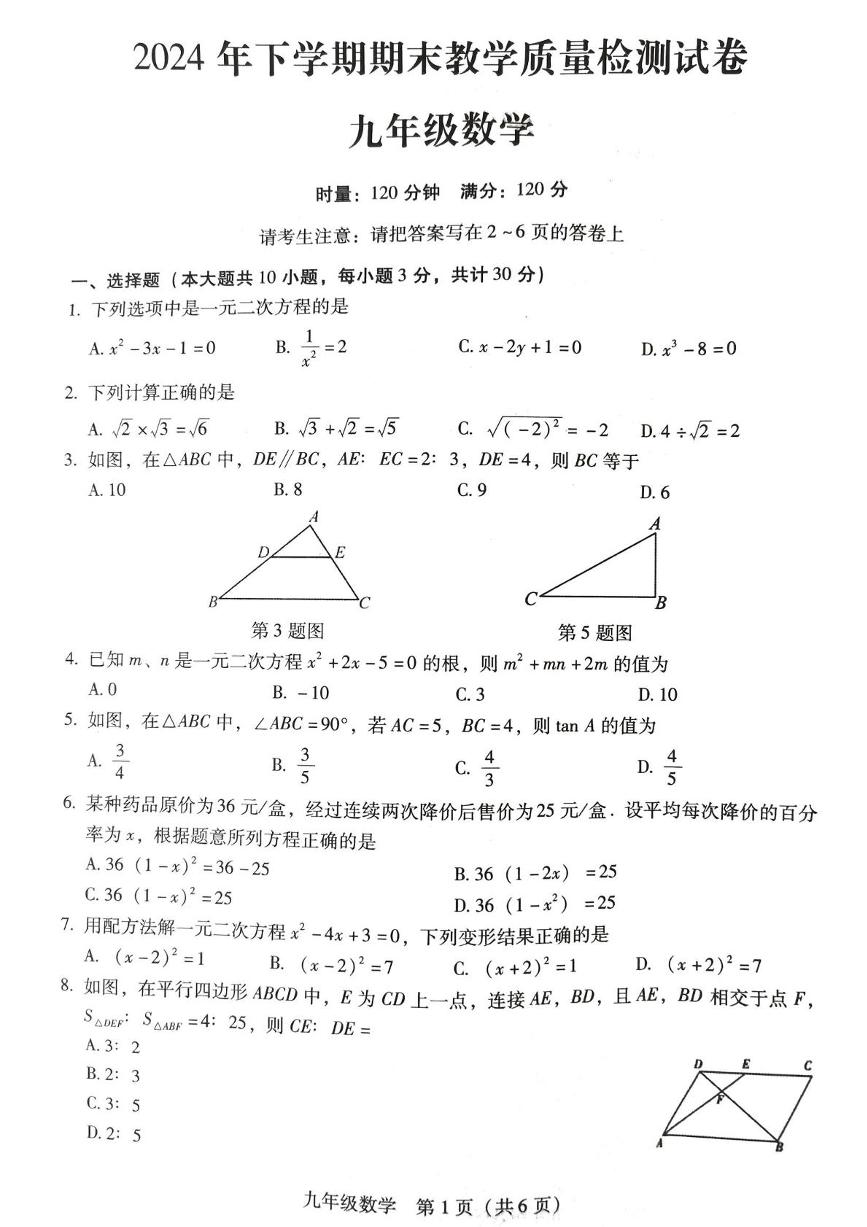 湖南省衡南县冠市联合学校2024-2025学年上学期期中教学质量检测九年级数学试卷