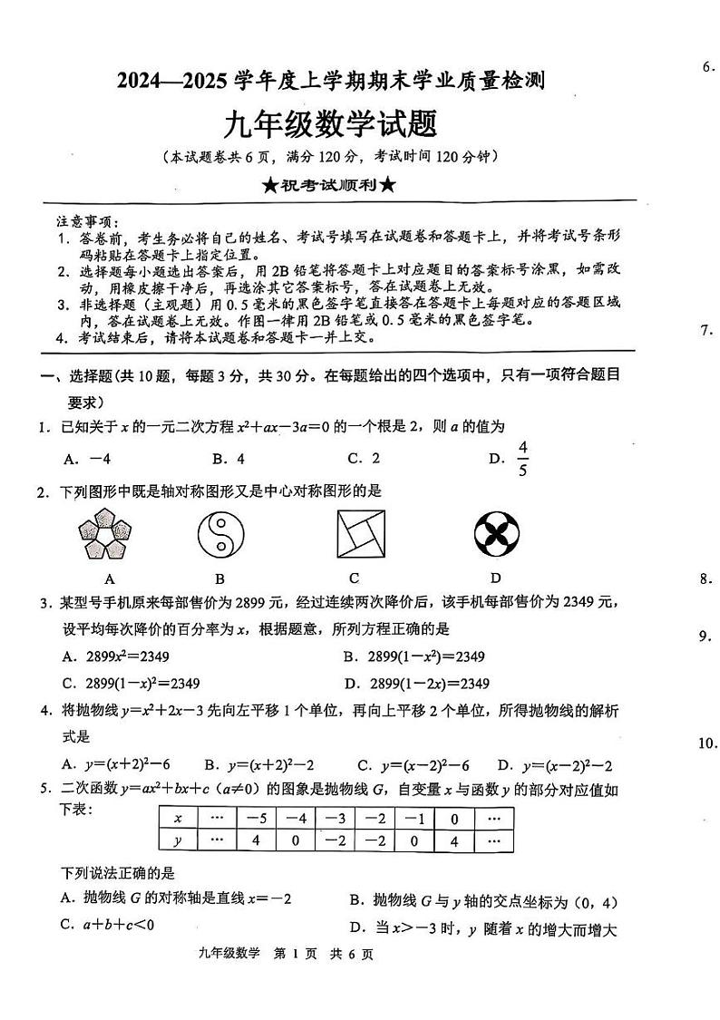 湖北省襄阳市枣阳市2024-2025学年九年级上学期1月期末数学试题第1页