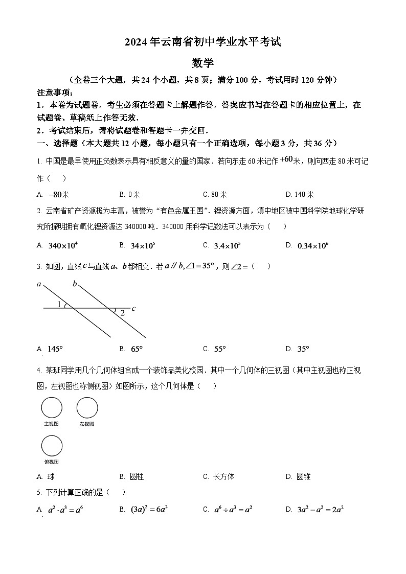 2024年云南省中考数学模拟试题(原卷版)第1页
