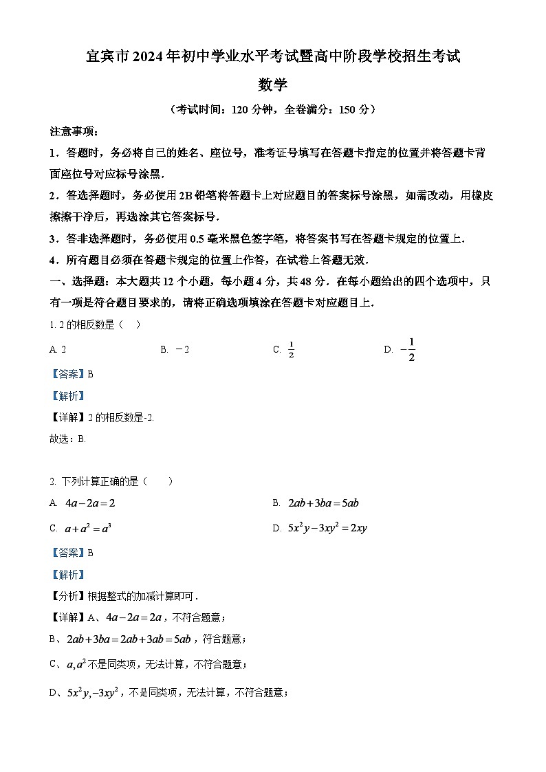 2024年四川省宜賓中考數(shù)學(xué)模擬試題  （解析版）第1頁