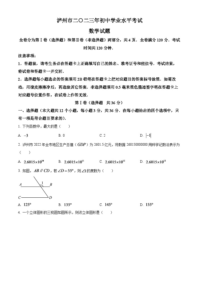 2024年四川省瀘州市中考數(shù)學(xué)模擬試題（原卷版）第1頁