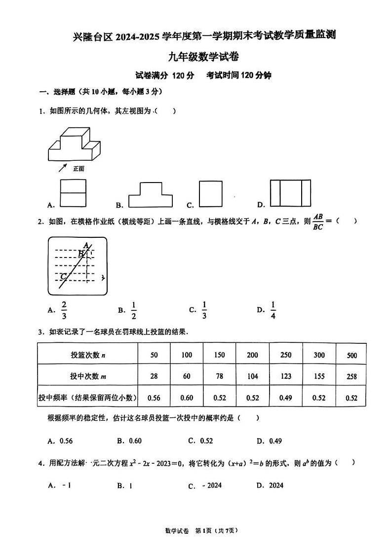辽宁省盘锦市兴隆台区2024-2025学年九年级上学期期末数学试题第1页