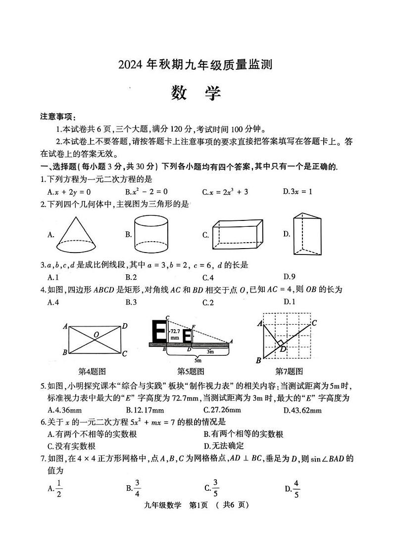 河南省驻马店市驿城区驻马店市部分初中期末联考2024-2025学年九年级上学期1月期末数学试题第1页