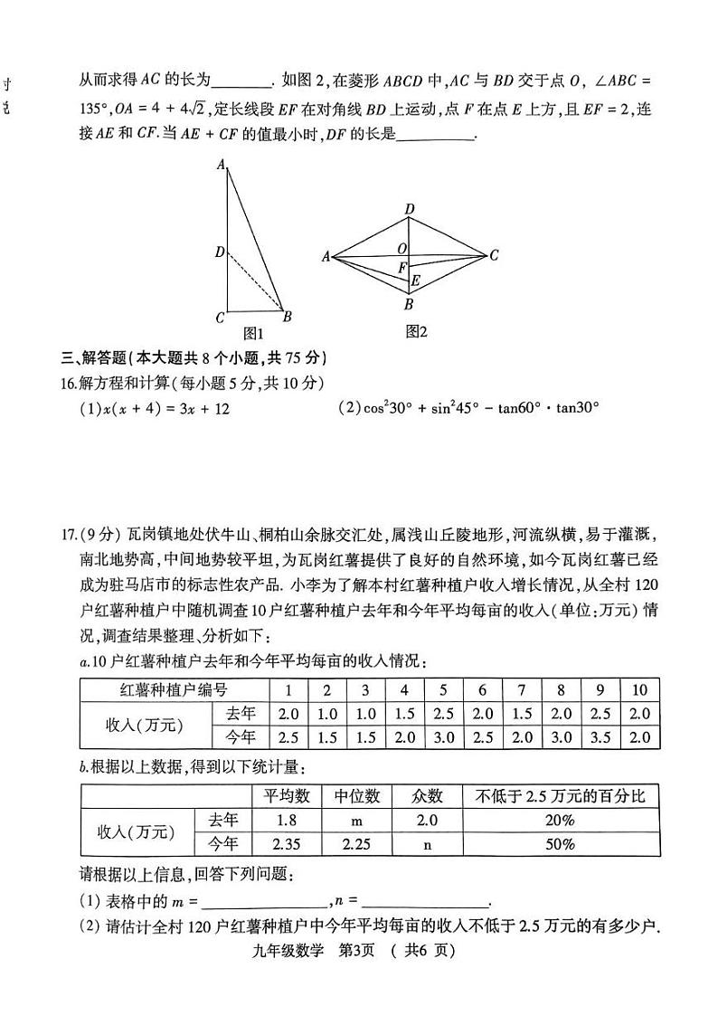 河南省驻马店市驿城区驻马店市部分初中期末联考2024-2025学年九年级上学期1月期末数学试题第3页