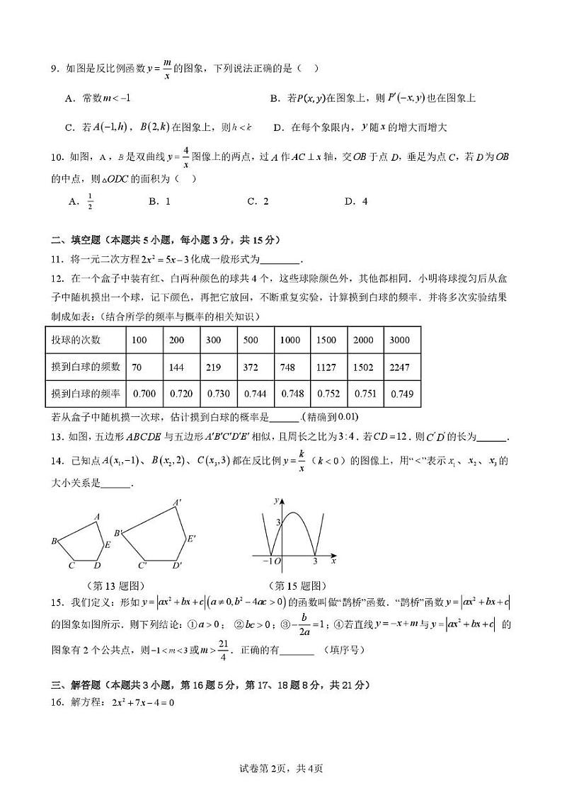 广东省惠州市惠阳区第五中学2024-2025学年九年级上学期1月期末数学试题第2页