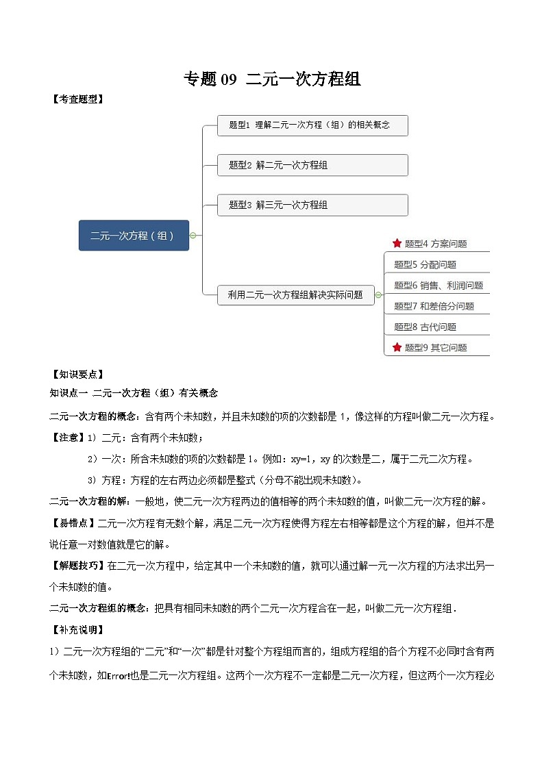 中考數(shù)學(xué)一輪復(fù)習(xí)知識點梳理+題型訓(xùn)練專題09 二元一次方程組（解析版）第1頁