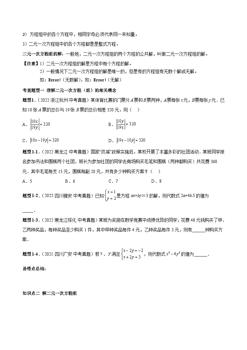 中考數(shù)學(xué)一輪復(fù)習(xí)知識點梳理+題型訓(xùn)練專題09 二元一次方程組（原卷版）第2頁