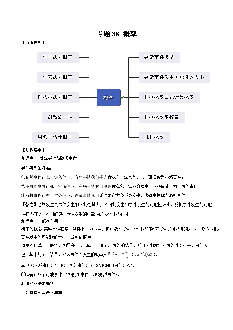 中考数学一轮复习知识点梳理+题型训练专题38 概率 (原卷版)第1页