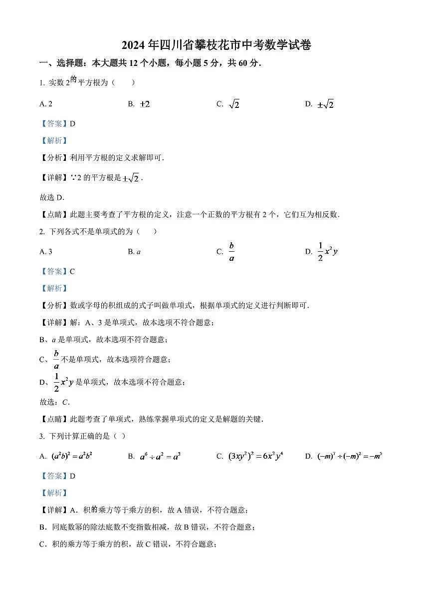 2024年四川省攀枝花市中考数学模拟试卷(解析版)第1页